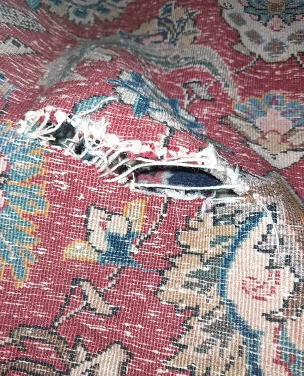 Close-up of a noticeable tear in the gray front car carpet before repair.